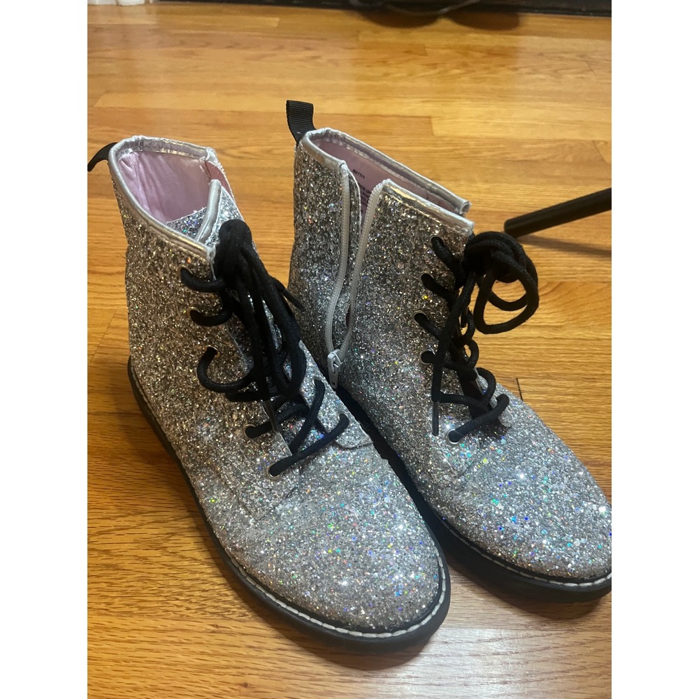 Steve Madden JBETTYY Silver Glitter Combat Boots Ankle Lug Sole Side Zip 5